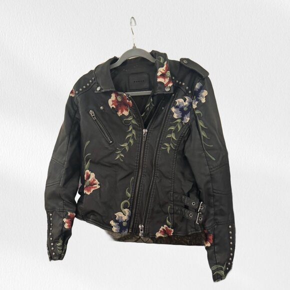 BLANKNYC Floral Embroidered Studded Faux Leather Moto Jacket in Black Size L - Picture 3 of 3
